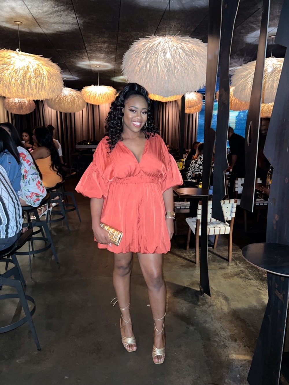 PrettyLittleThing Rust Orange V-Neck Puff Sleeve Mini Dress
